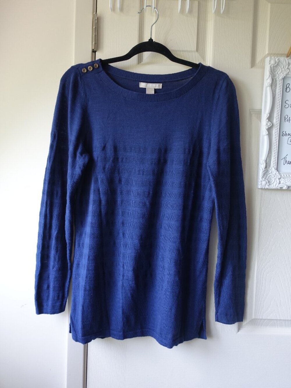Banana Republic Navy Blue Crew Neck Button Shoulder Sweater